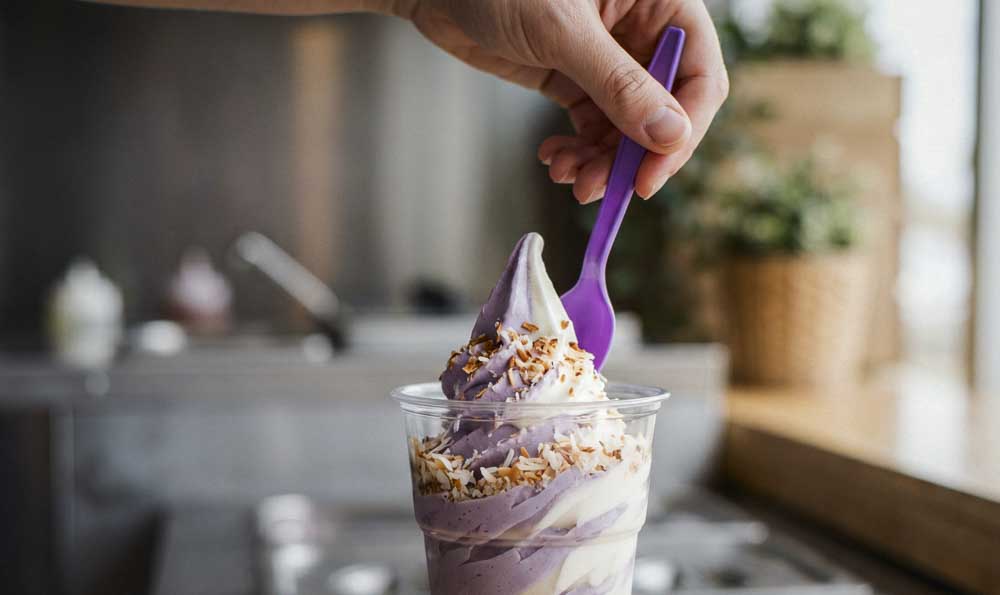 Ube-Softeis mit Kokos-Topping im Becher